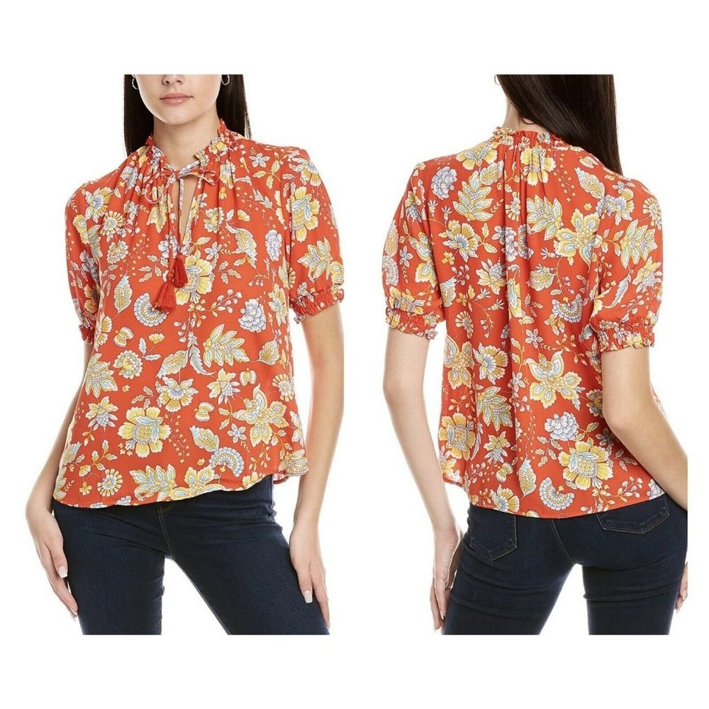 NWT NANETTE LEPORE MULTICOLOR LARGE ELBOW SLEEVE MOCK TASSEL NECK BLOUSE TOP $68